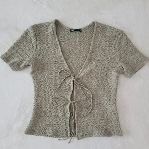 Zara Olive Textured Knit Blouse Bow Tie Open Front Cardigan Womens S Feminine